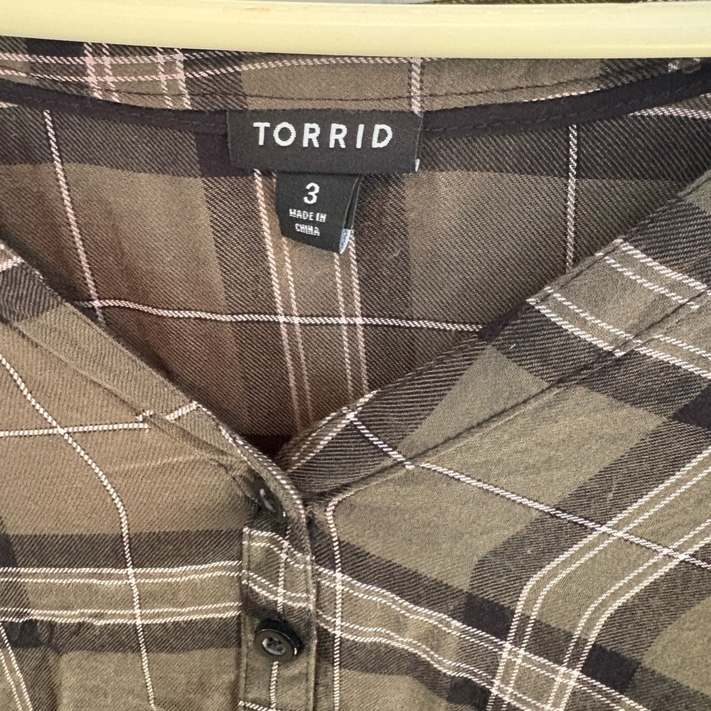 Torrid high low olive green with pink accent plaid shirt.